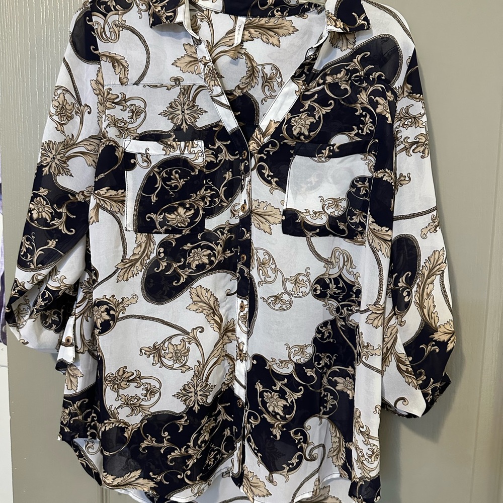 Elegant Black and Cream Women's Top DNA Couture Large Classy Quarter Sleeve